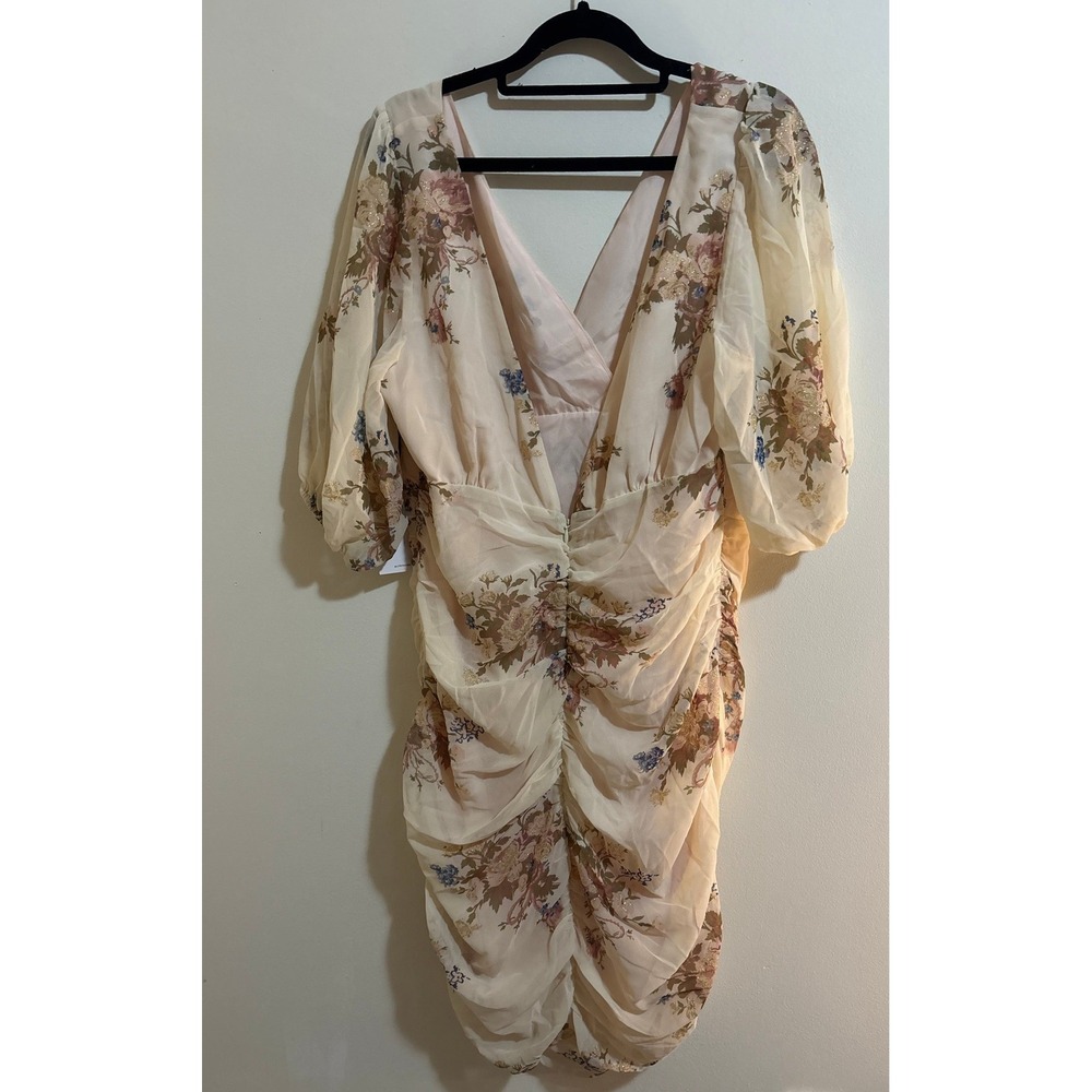 NWT LPA Floral Ruched Mini 694 Dress In Puff Sleeve In Blush Bouquet V-Neck XL - Picture 4 of 6